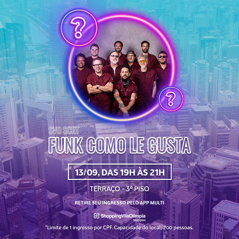 Ilustração colorida de divulgação do show de Funk Como Le Gusta no SVO Secreto no Shopping Vila Olimpia