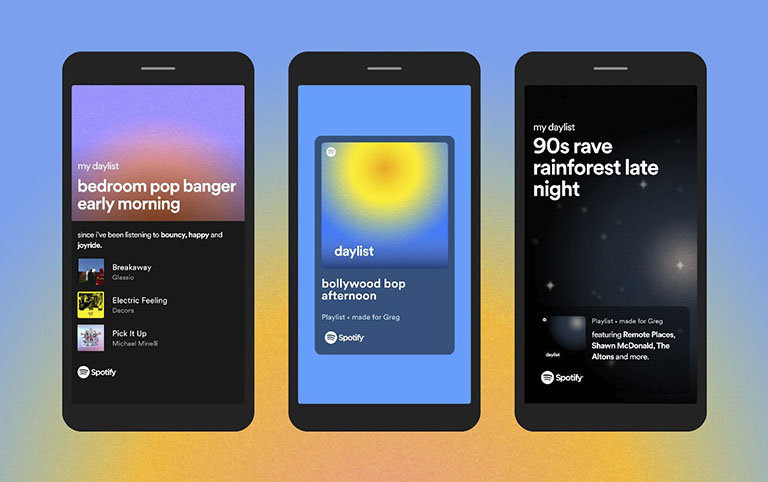 Arte colorida para divulgação do Spotify Daylist em vários idiomas.