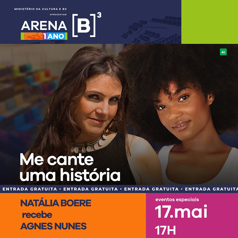 Arte colorida com foto de Agnes Nunes - Me cante uma história - Divulgação Arena B3