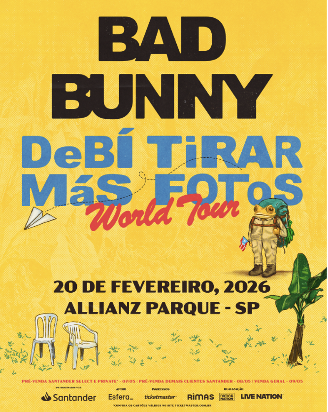 arte colorida de divulgação do show de Bad Bunny - debí tirar más fotos tour no Allianz Parque em 2026