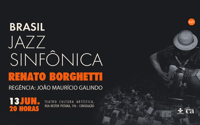 Arte colorida de Brasil Jazz Sinfônica e Renato Borghetti - divulgação Teatro Cultura Artística
