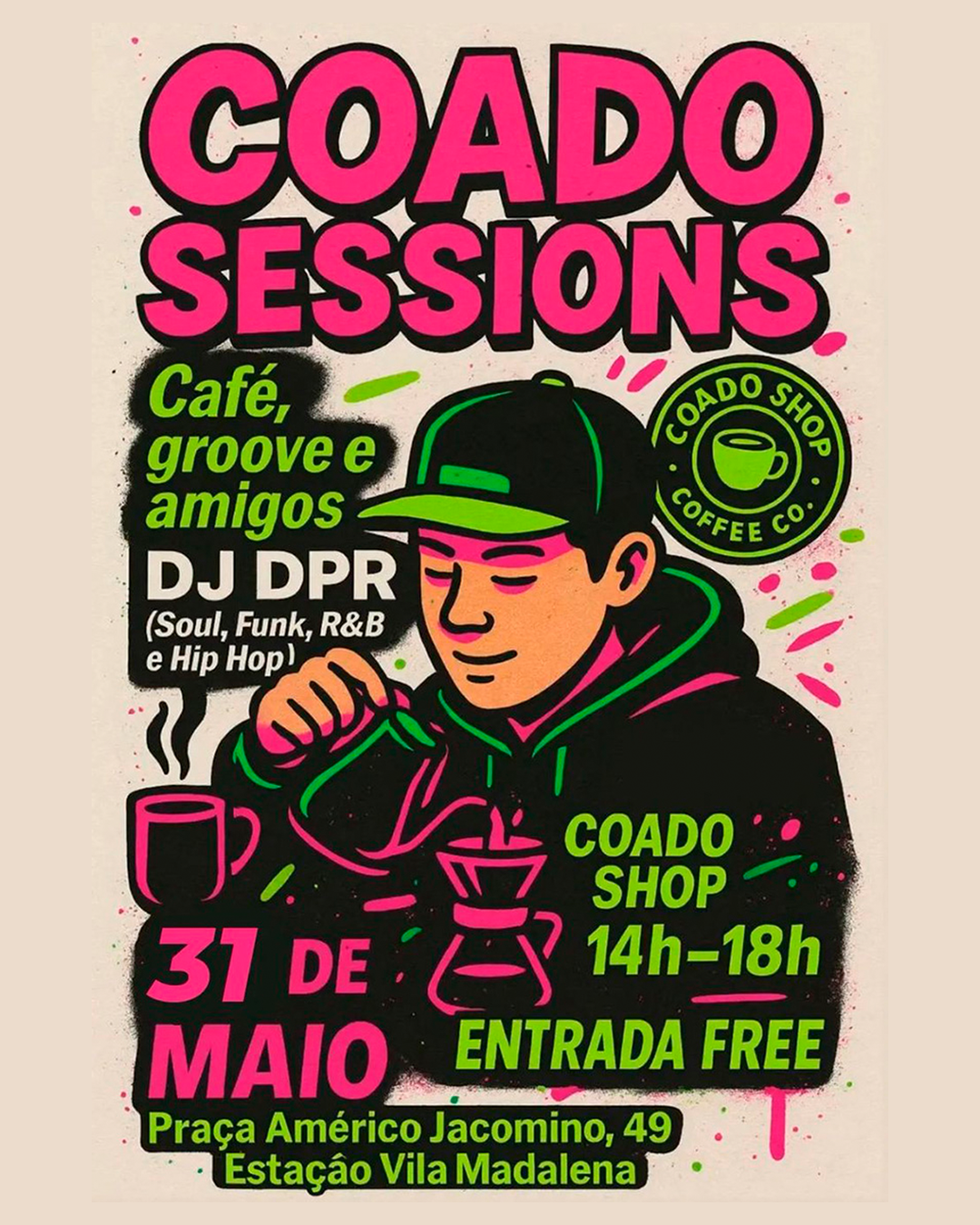Arte de capa colorida de divulgação Coado Sessions na Casa Marx - Coado Shop Café
