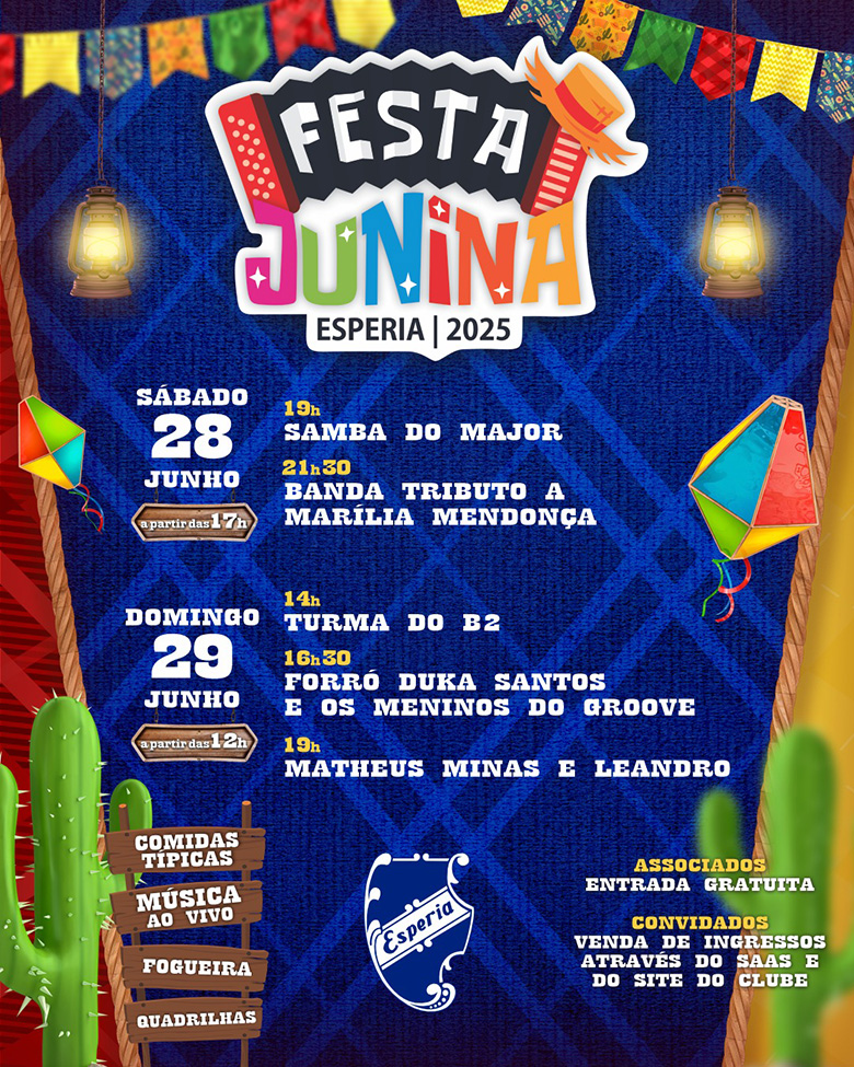 Arte colorida de Festa Junina Clube Esperia 2025