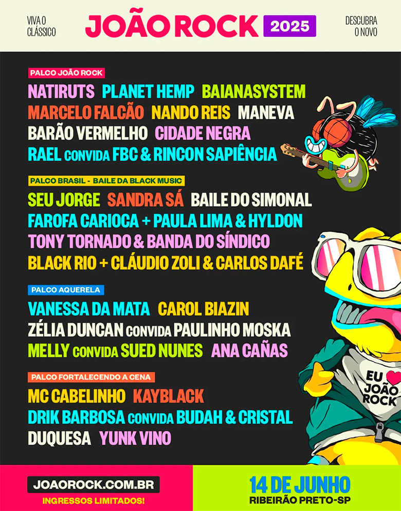arte colorida com todos os nomes dos artistas que fazem parte do lineup do Festival João Rock 2025