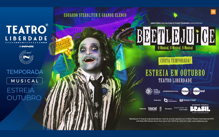 Arte colorida de Beetlejuice O Musical - Divulgação Teatro Liberdade