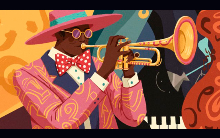 Arte colorida de divulgação da exposição A Elegância do Jazz por Casa Une