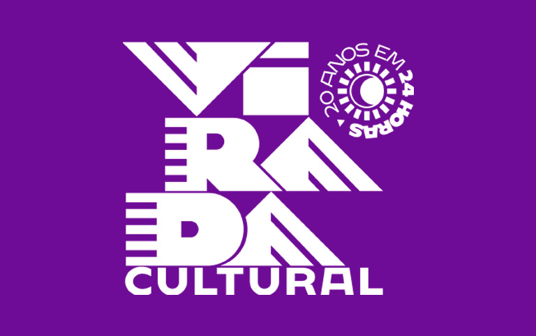 Arte colorida com logo da Virada Cultural 2025 - 20 anos em 24 horas