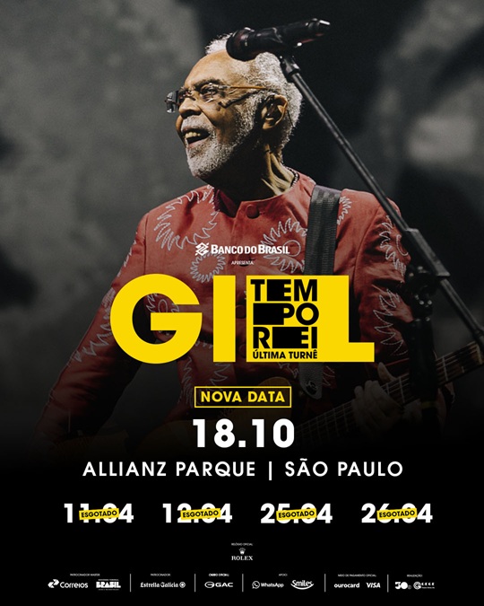 Arte colorida com foto de Gilberto Gil para divulgação de data extra da turnê Tempo Rei em São Paulo, em outubro de 2025 no Allianz Parque