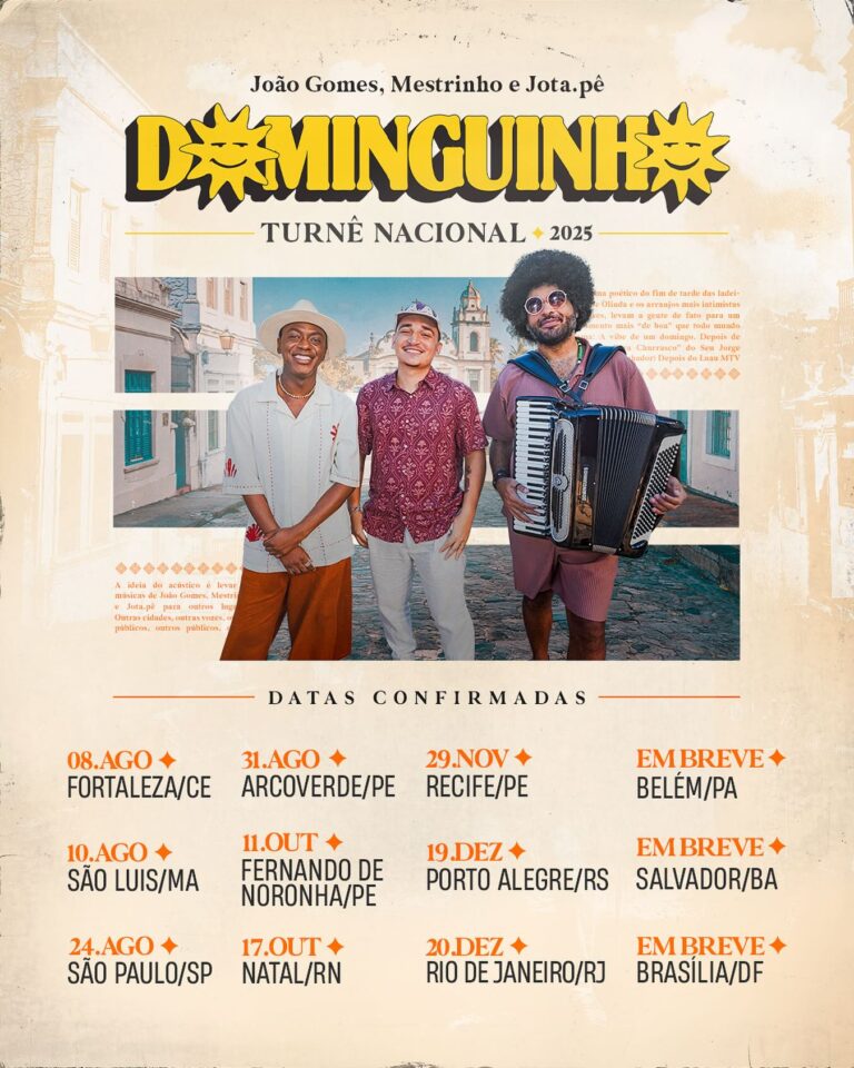 Arte colorida de divulgação das datas da turnê do projeto Dominguinho