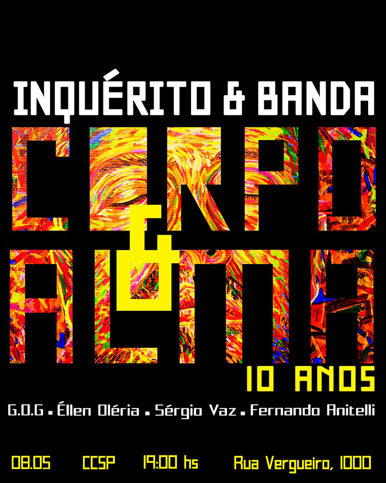 Arte colorida para o show de Renan Inquérito - 10 anos de Corpo e Alma no CCSP 2025