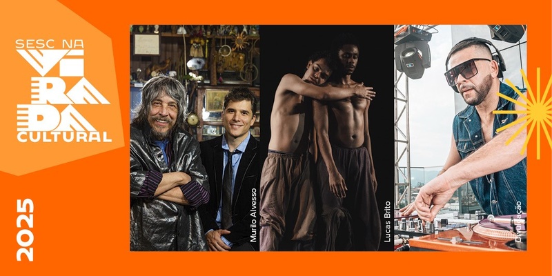 Arte colorida com fotografia de participantes da Virada Cultural no Sesc 24 de maio