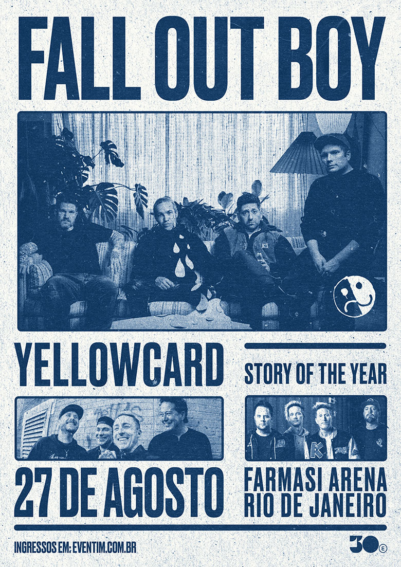 Arte colorida de divulgação do show de Fall Out Boy, Yellowcard e Story of the Year na Farmasi Arena - Rio de Janeiro - divulgação 30e