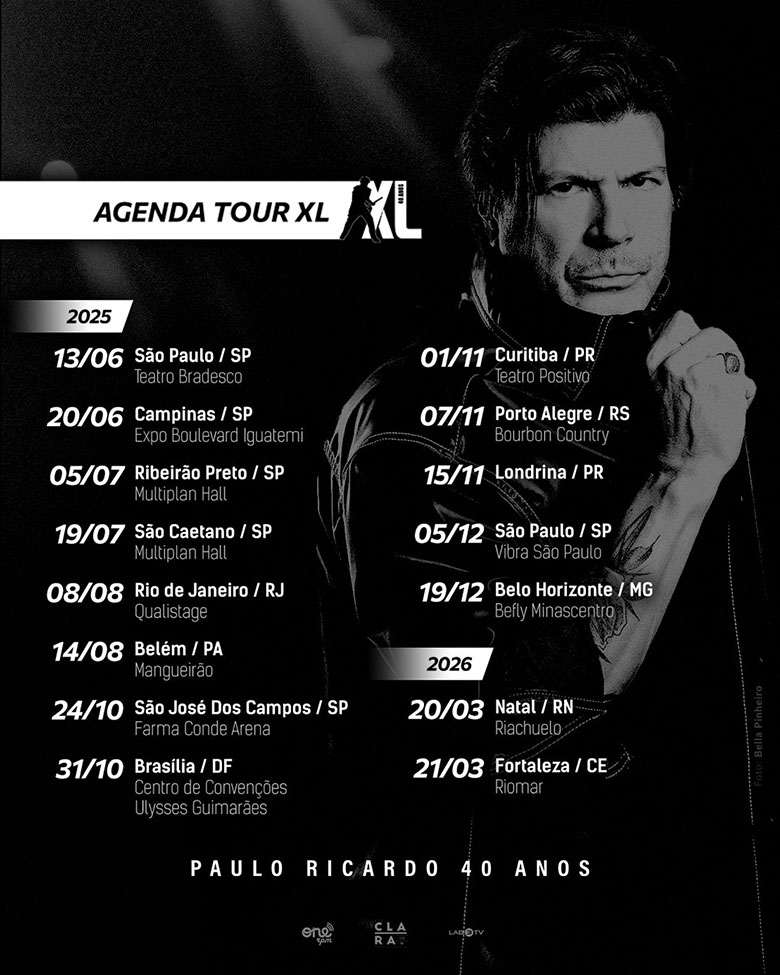 Arte em preto e branco com datas da tour Paulo Ricardo XL - 40 anos - divulgação
